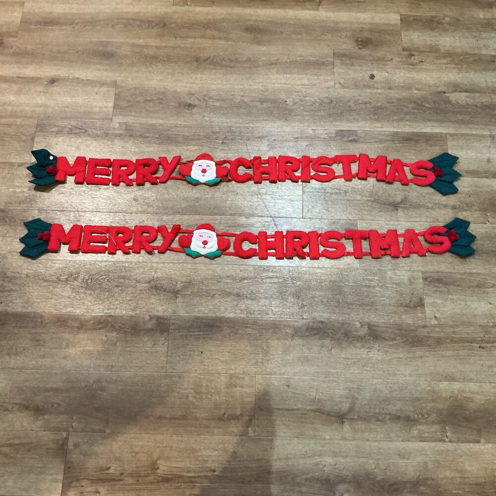 Lot of 2 Merry Christmas Felt Banners Santa Holly Wall Decor 45” Each